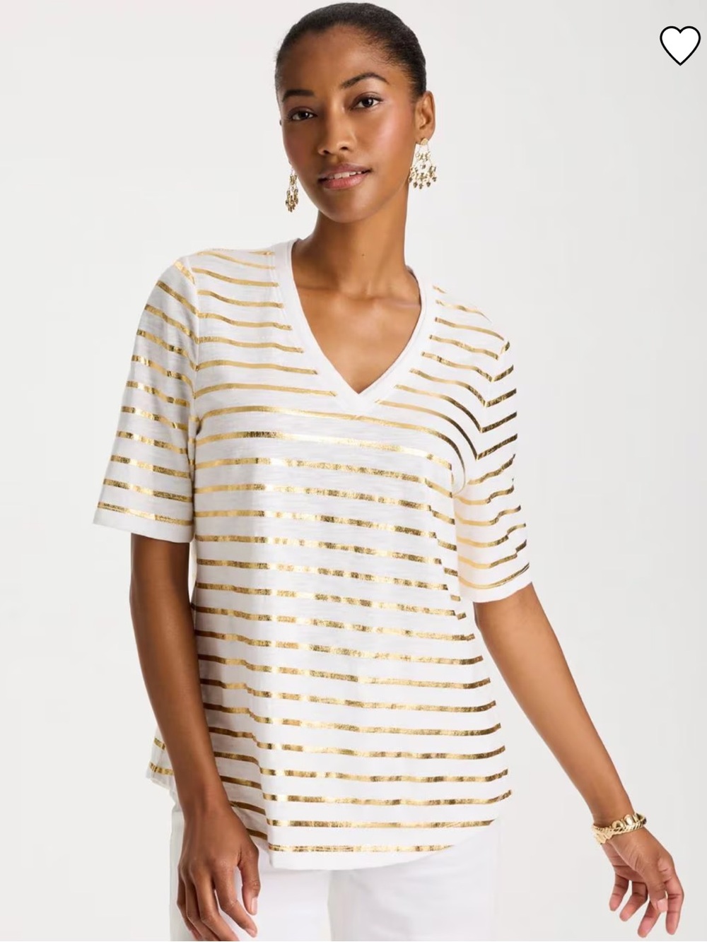 NWT Chico’s White V-Neck Tee with Metallic Gold Stripes XL